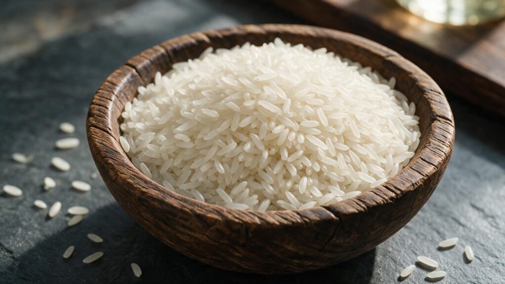 Macro close-up of polished IRRI-6 long-grain white rice in a wooden bowl