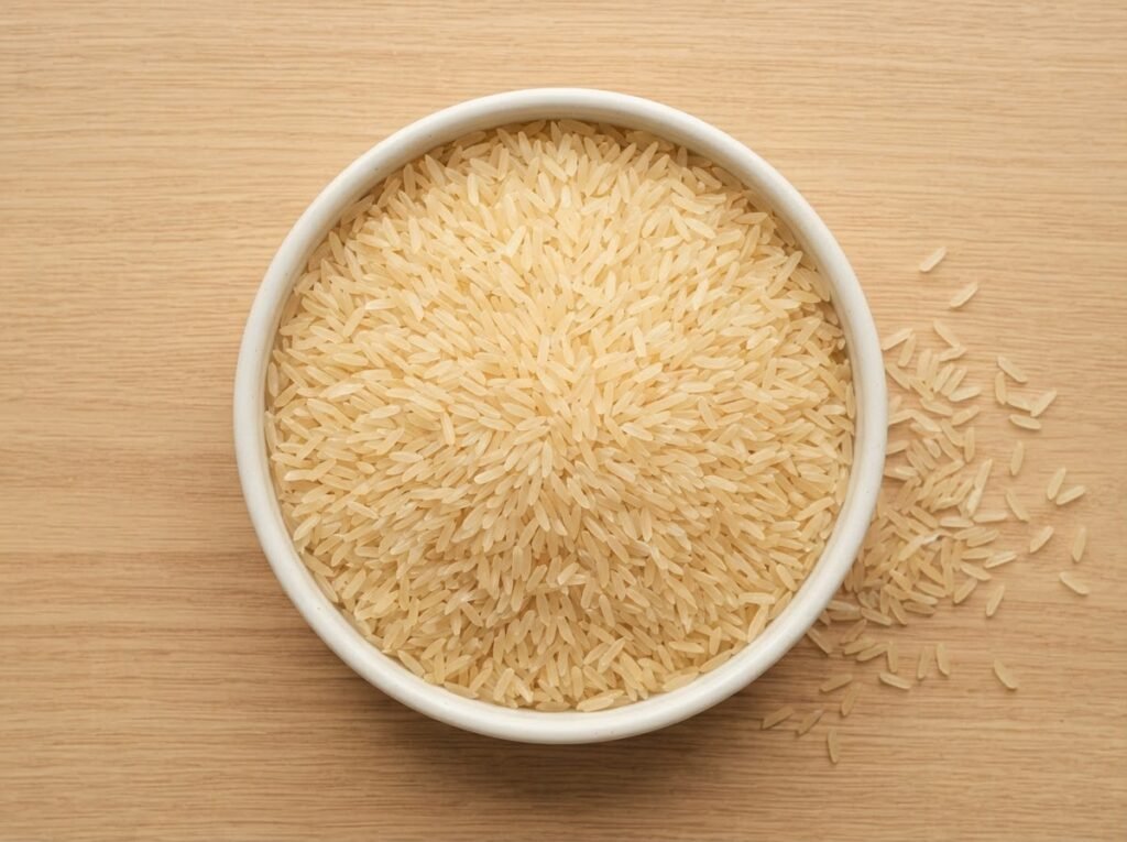 IRRI-6 sella rice, parboiled in the husk, pale gold grains supplied at 5% and 10% broken