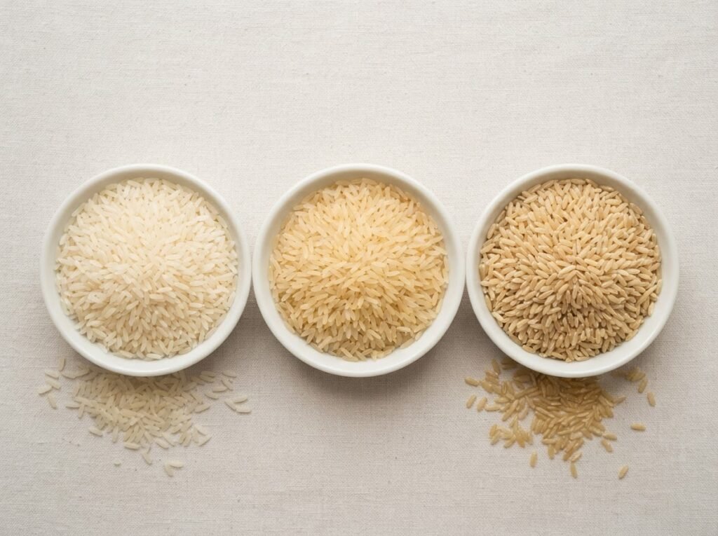 IRRI-6 white, sella and brown rice compared side by side in three dishes