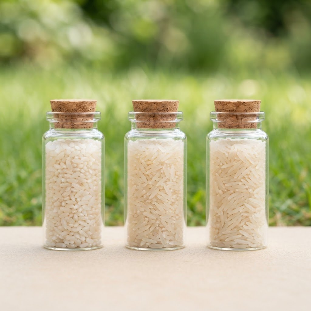 IRRI-9 Long Grain Rice samples laid out for a buyer to compare