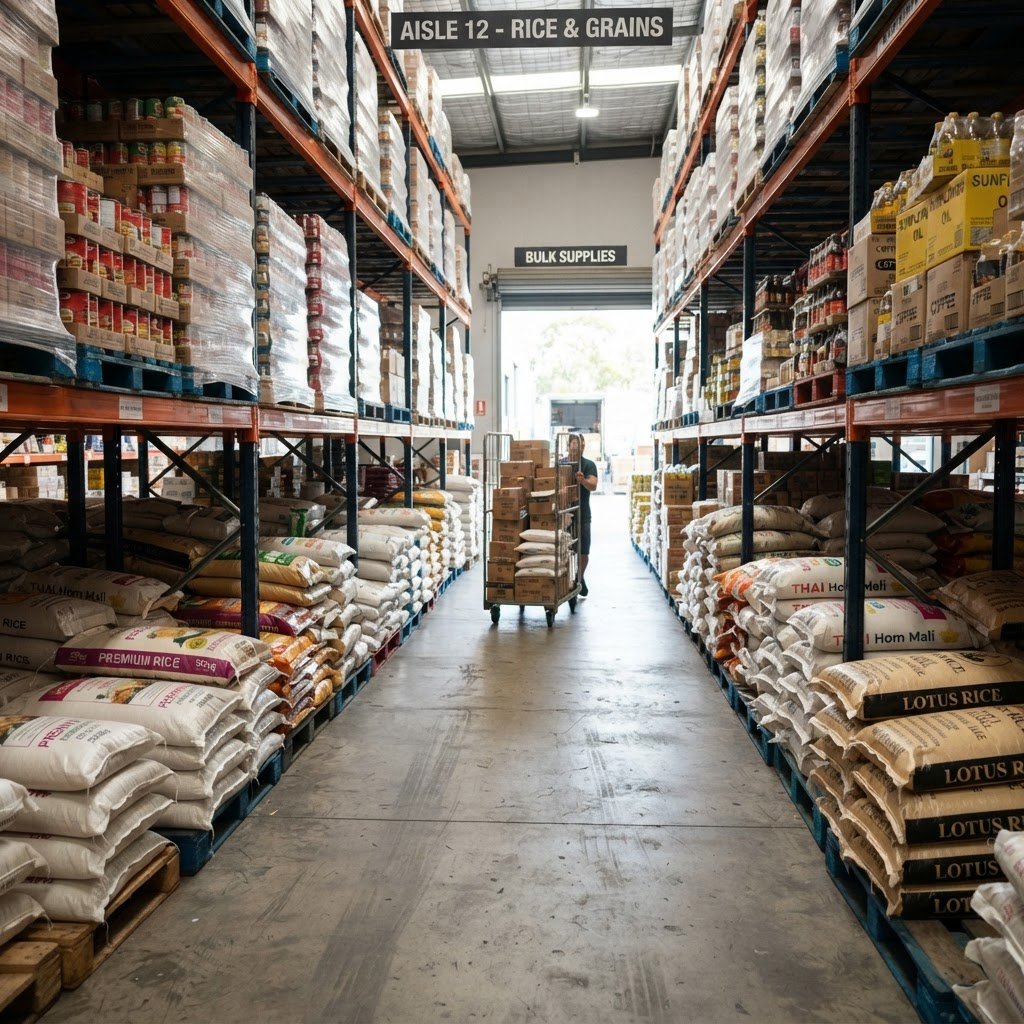 IRRI-9 Long Grain Rice stacked in a cash and carry aisle