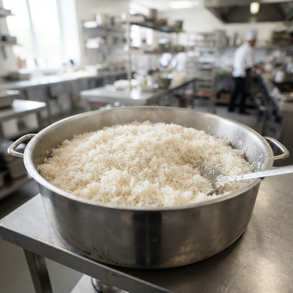 IRRI-9 Long Grain Rice cooked in bulk in a catering pot