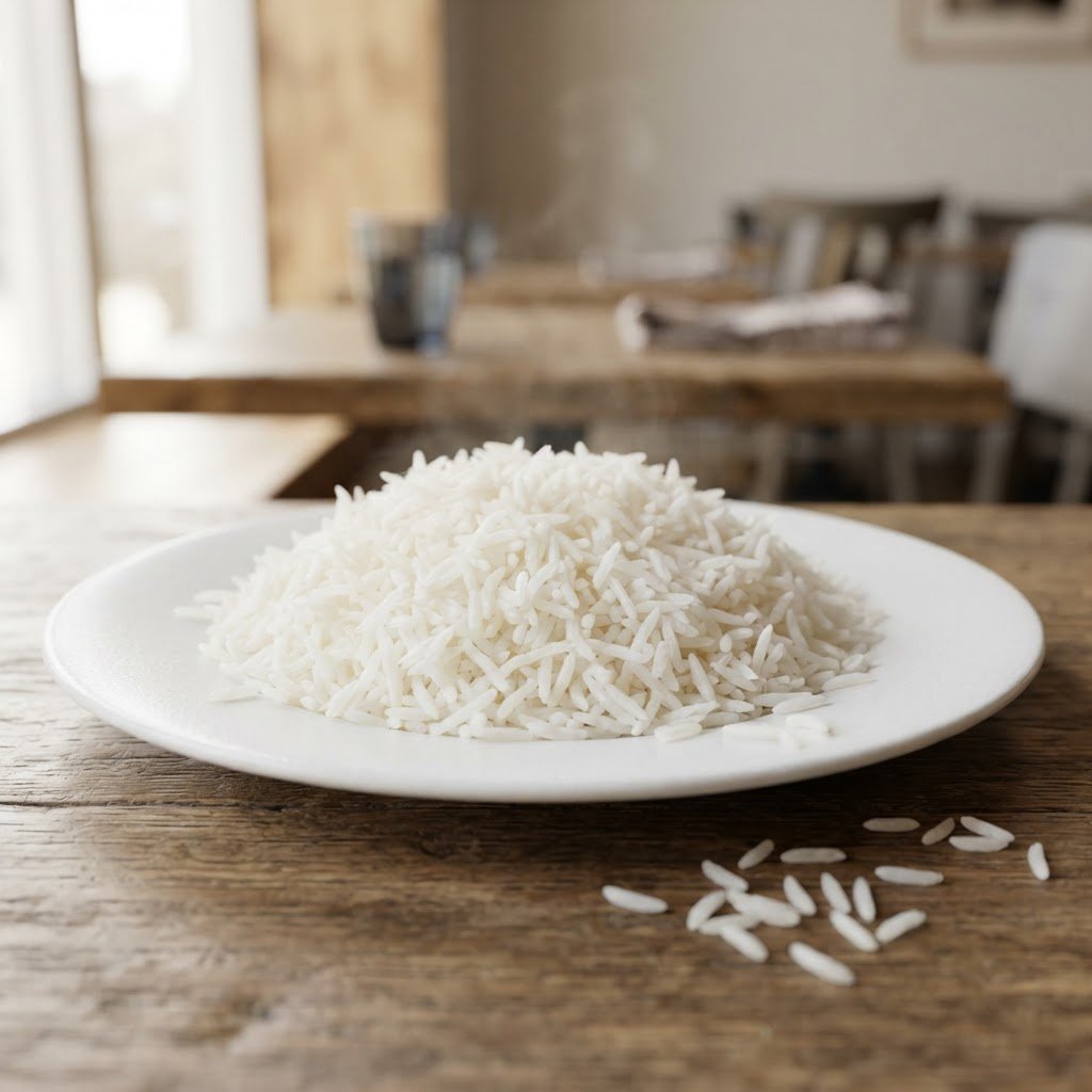 IRRI-9 Long Grain Rice showing its length on a served plate