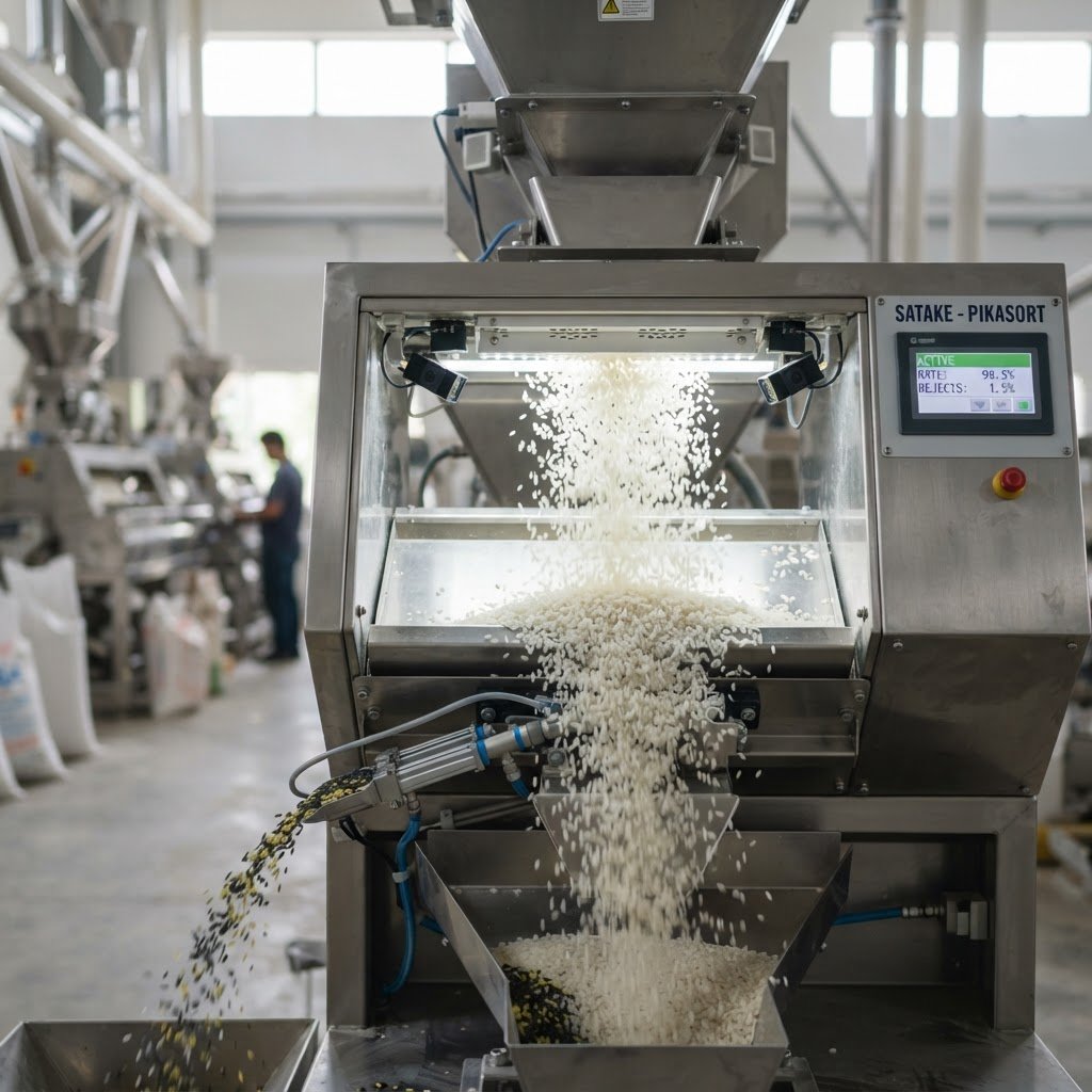 IRRI-9 Long Grain Rice passing through an optical colour sorter