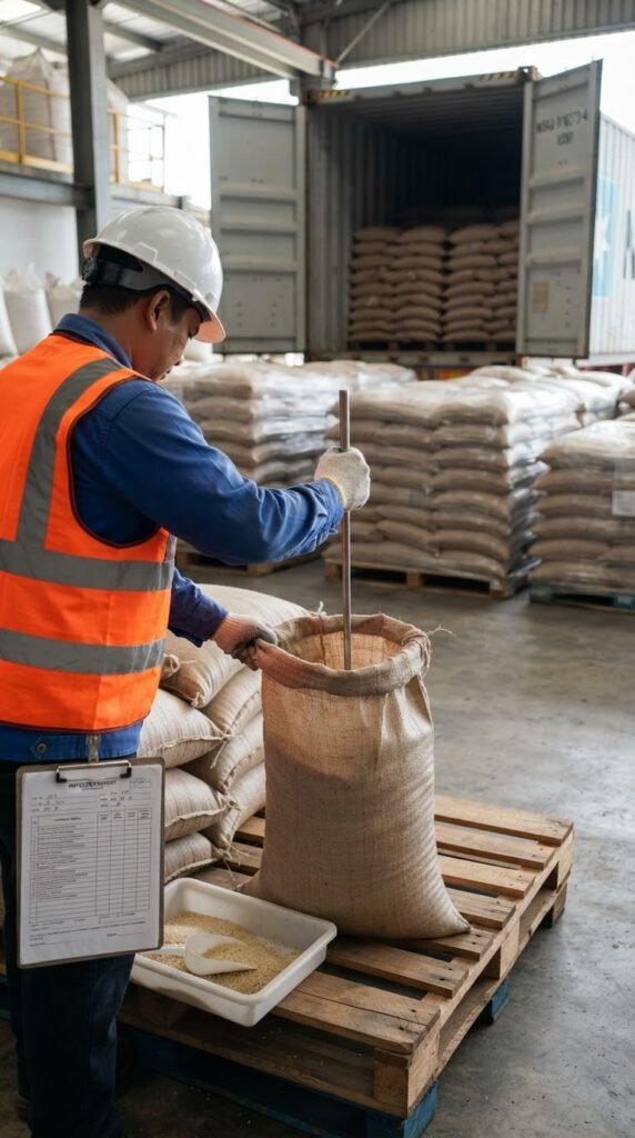 Pre-shipment inspection of IRRI-9 Long Grain Rice before loading