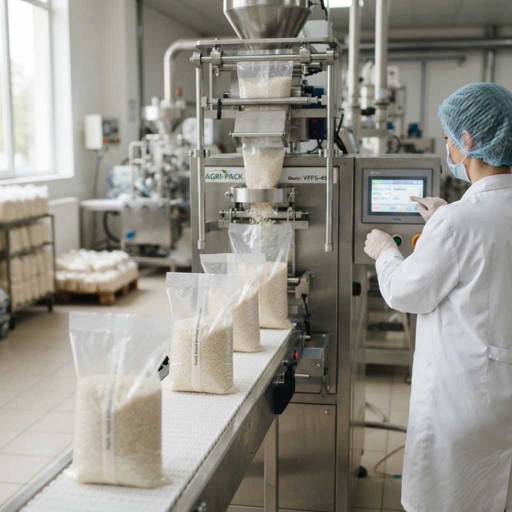 IRRI-9 Long Grain Rice packed into own-brand bags on a packing line