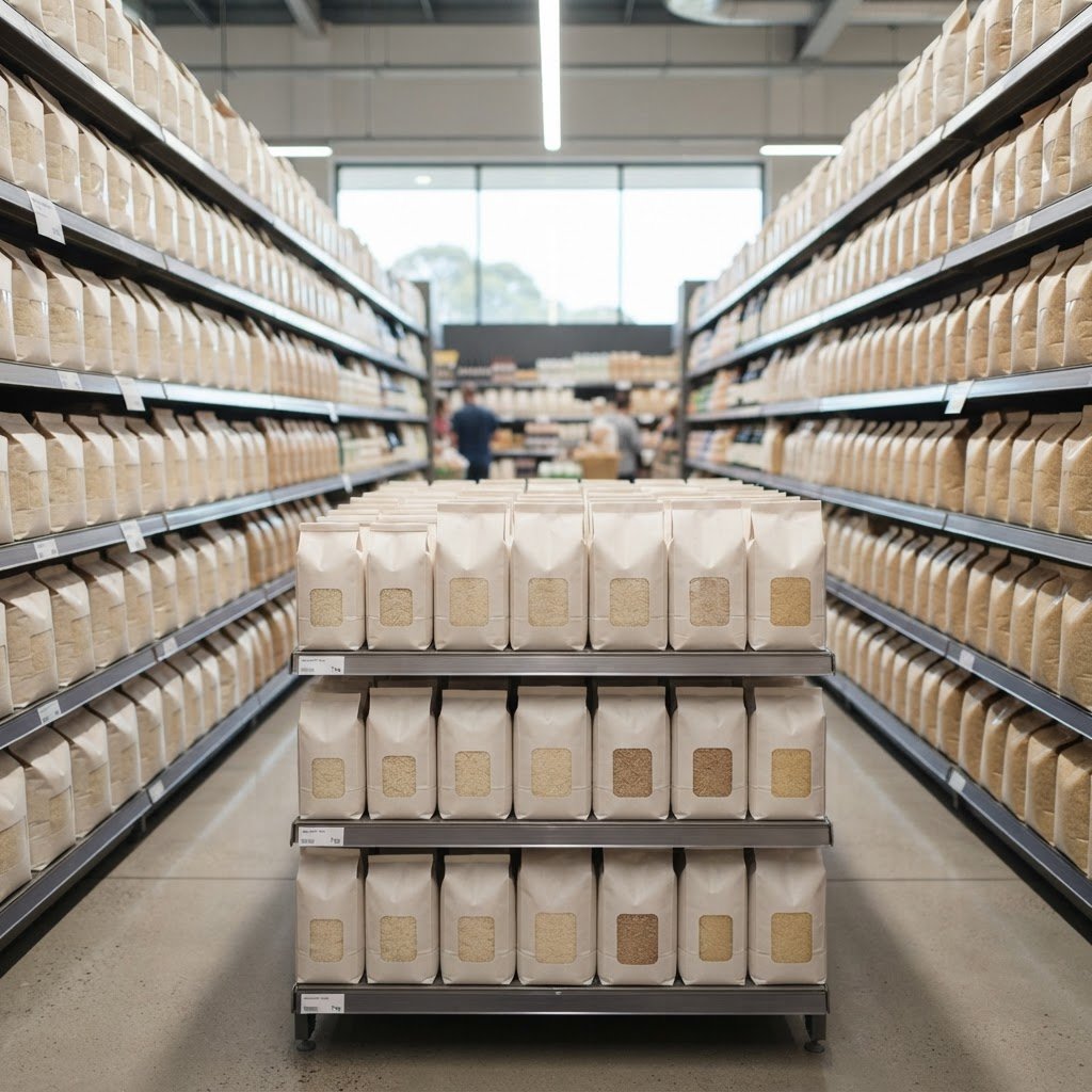 IRRI-9 Long Grain Rice in printed retail bags on a supermarket shelf