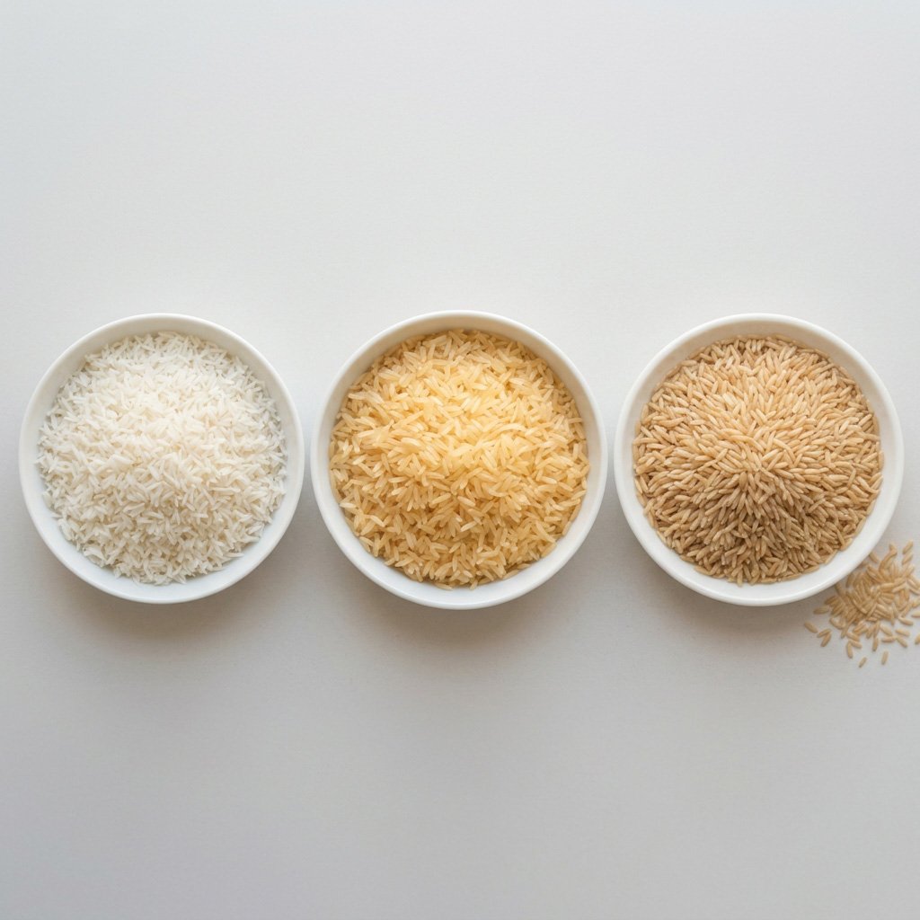 IRRI-9 Long Grain Rice white, sella and brown compared side by side
