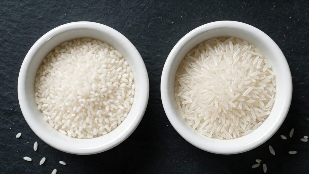 Two bowls of long-grain white rice comparing IRRI-9 and IRRI-6 varieties