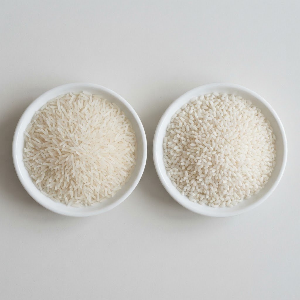 IRRI-9 Long Grain Rice beside shorter IRRI-6 grains