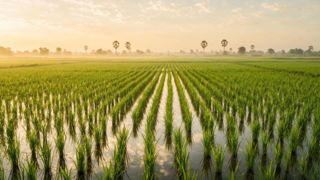 Lush green rice paddy fields in West Africa at golden hour, illustrating Ivory Coast rice imports and cultivation