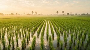 Lush green rice paddy fields in West Africa at golden hour, illustrating Ivory Coast rice imports and cultivation