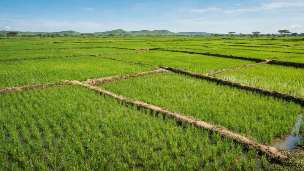 Green terraced paddy fields at the Mwea rice scheme in Kenya