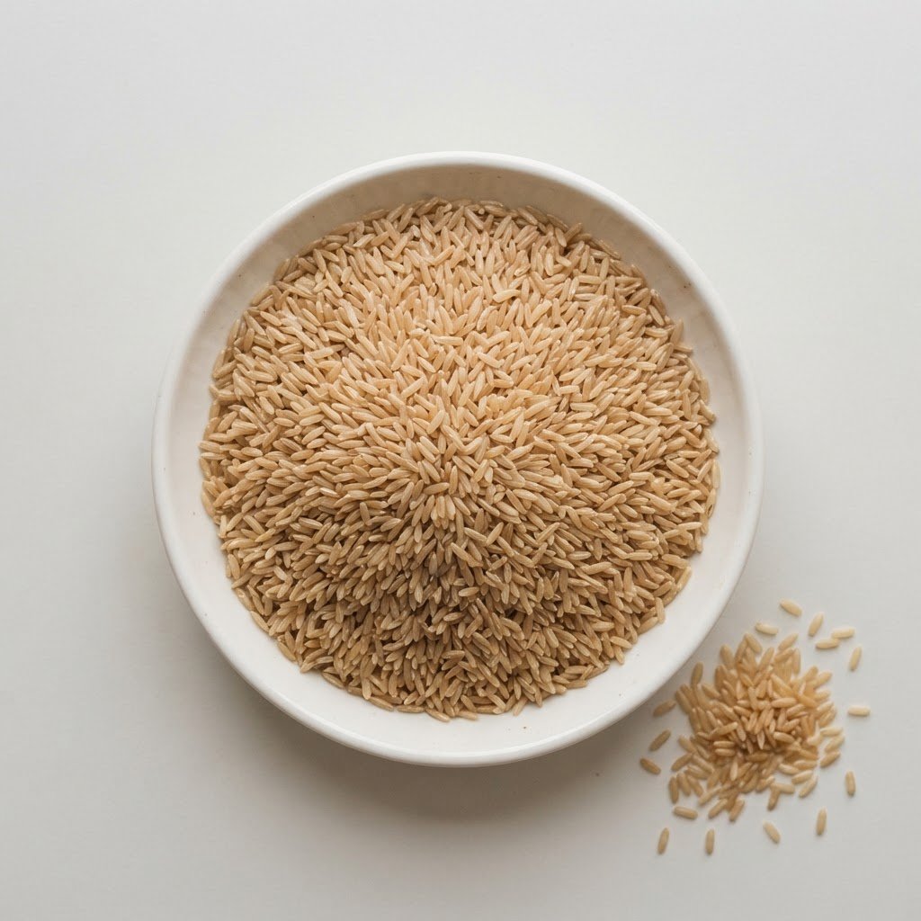 KS-282 brown unpolished long grain rice grains in a white dish