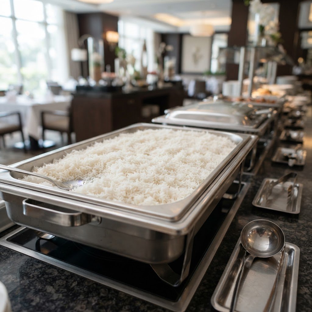 KS-282 long grain rice served white and clean on a hotel buffet line