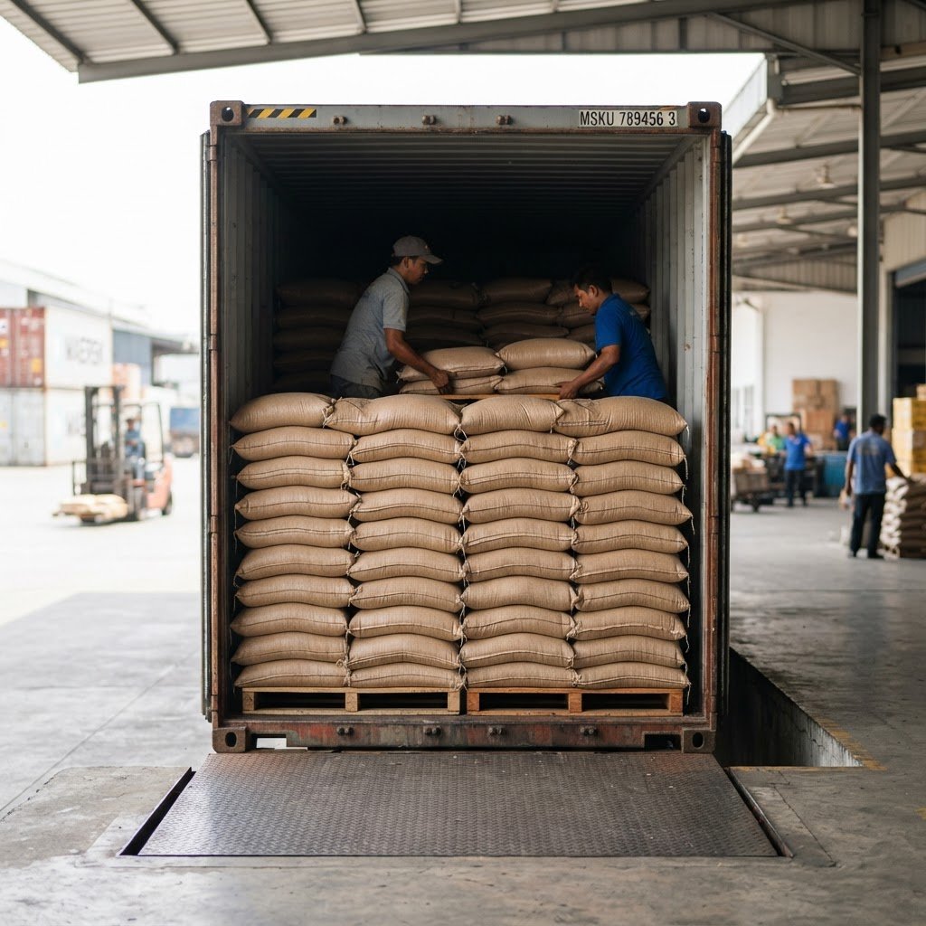 KS-282 long grain rice loaded into a container for export