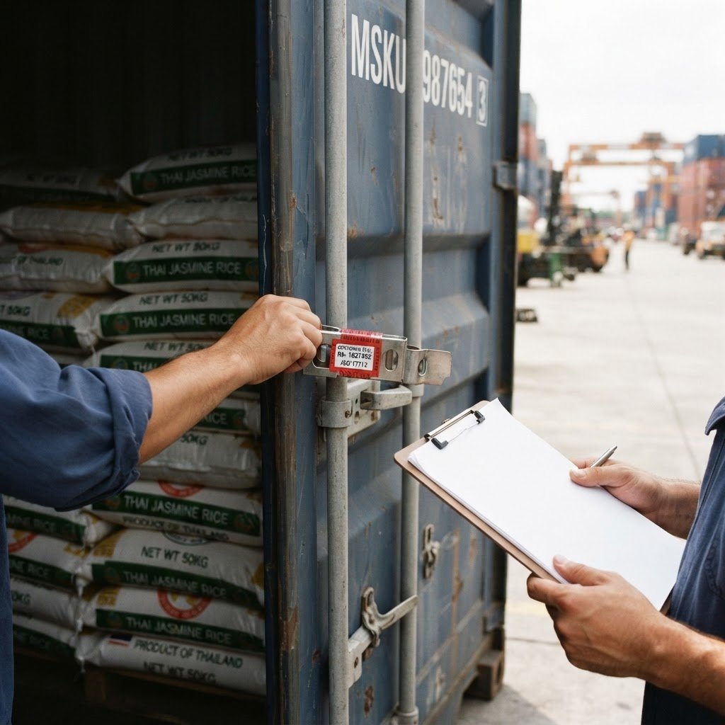 A KS-282 long grain rice container sealed and documented before it sails