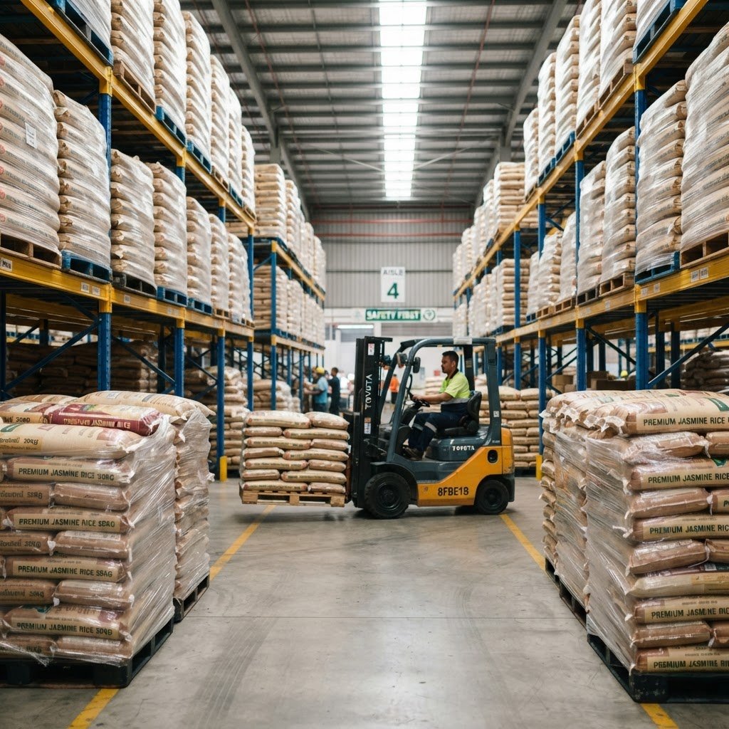 KS-282 long grain rice in an importer and distributor warehouse