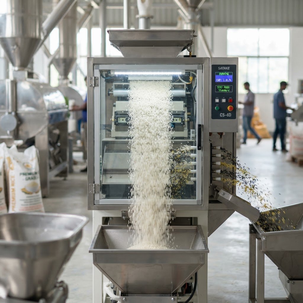KS-282 long grain rice passing through an optical colour sorter