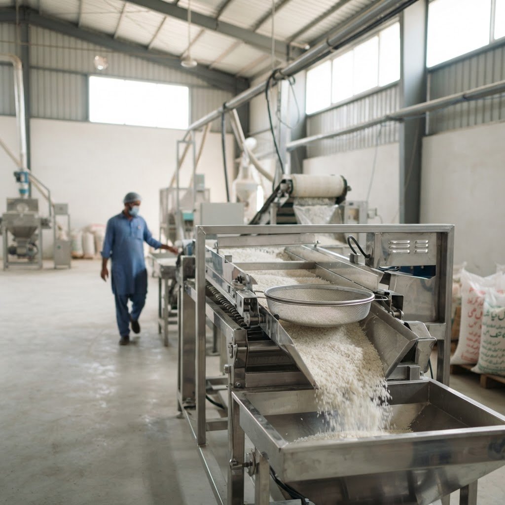 KS-282 long grain rice graded to a single variety on a Pakistani mill line