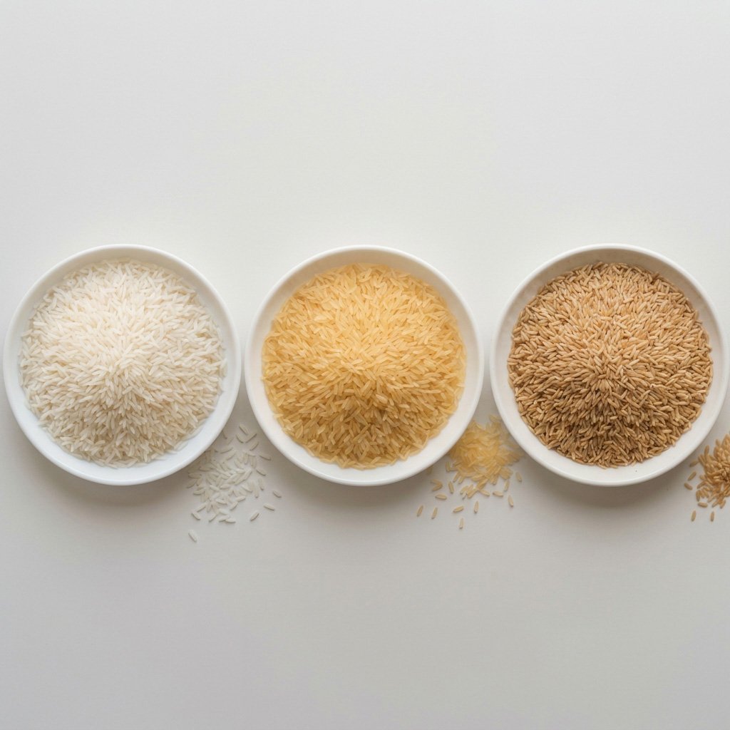 KS-282 white, sella and brown long grain rice compared side by side