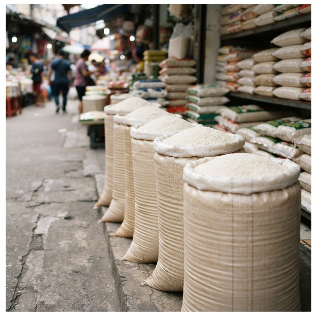 KS-282 long grain rice sold from a wholesale market storefront