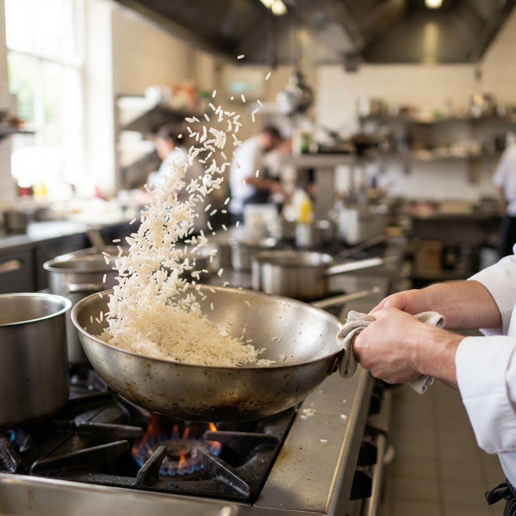 KS-282 long grain rice cooked in a commercial wok kitchen