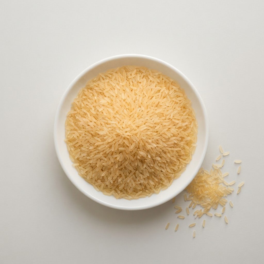 KS-282 sella parboiled long grain rice grains in a white dish
