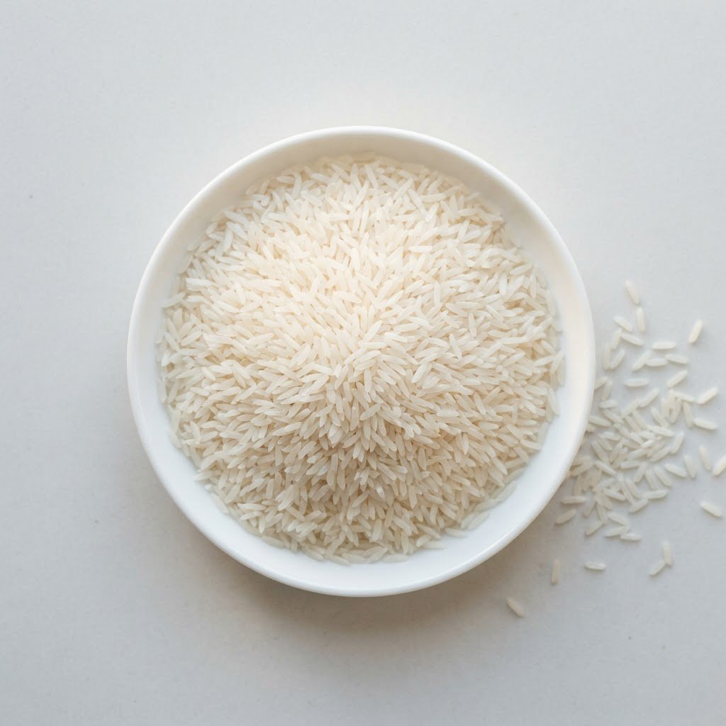 KS-282 white long grain rice grains in a white dish