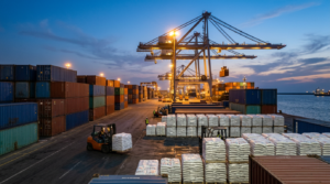 Containers and rice pallets at a Kuwait import terminal representing the country's rice market
