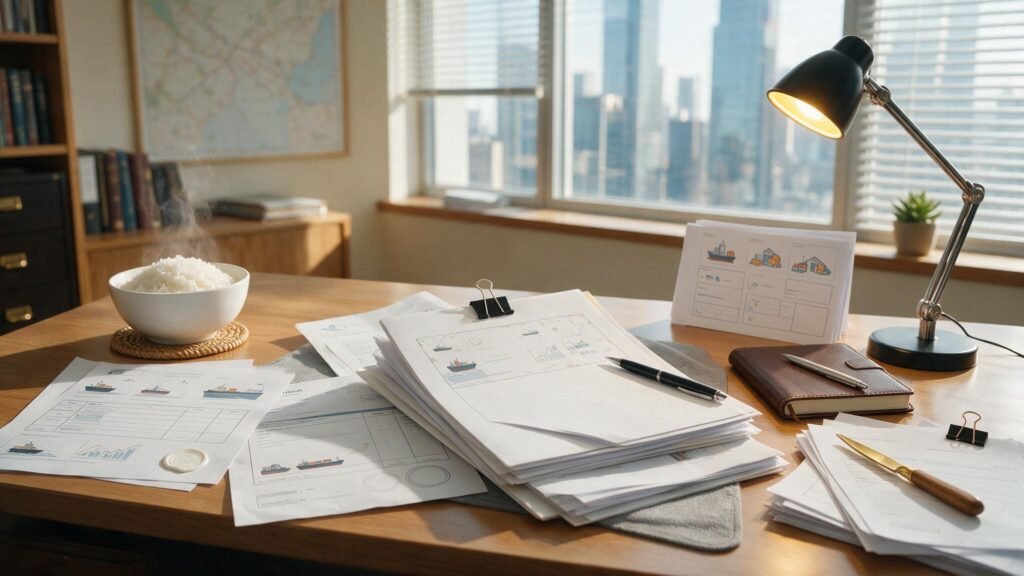 Trade-finance paperwork and rice on a desk illustrating letters of credit in rice trade