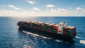 Loaded container cargo ship at sea on the rice trade route from Pakistan to Malaysia