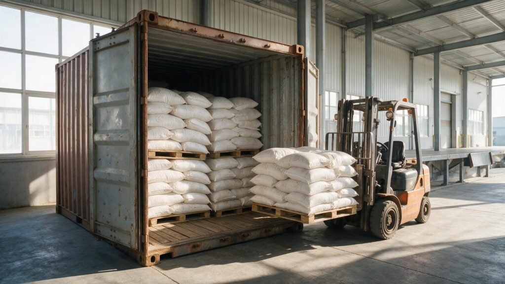 Forklift loading pallets of rice sacks into a shipping container for bulk rice import orders