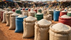 Open sacks of white rice at a vibrant Lagos wholesale market for Nigeria rice imports