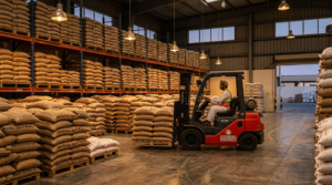 Pallets of sacked rice in an Omani warehouse illustrating B2B rice imports and distribution