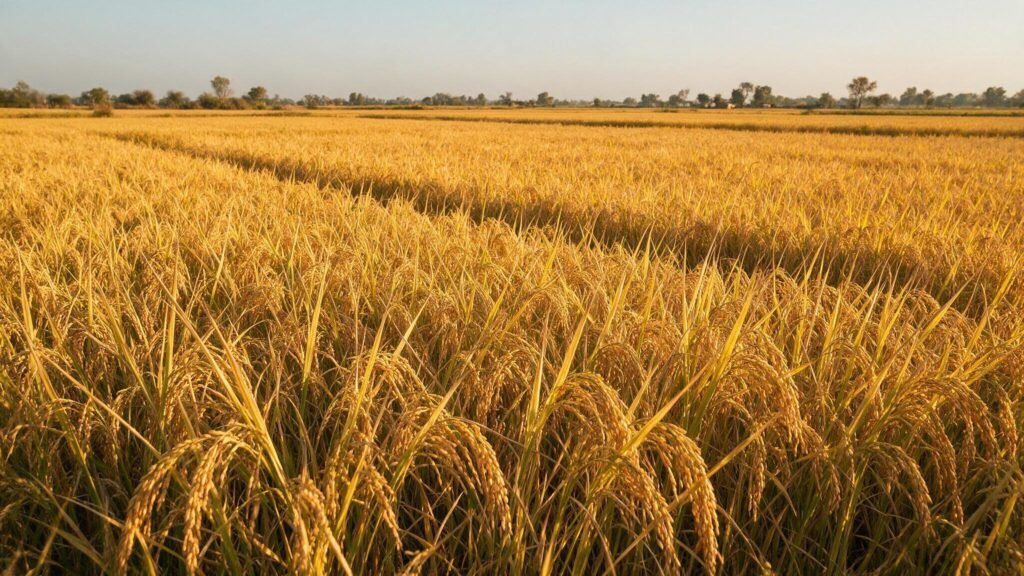 Ripe golden rice paddy fields at harvest season in Punjab Pakistan