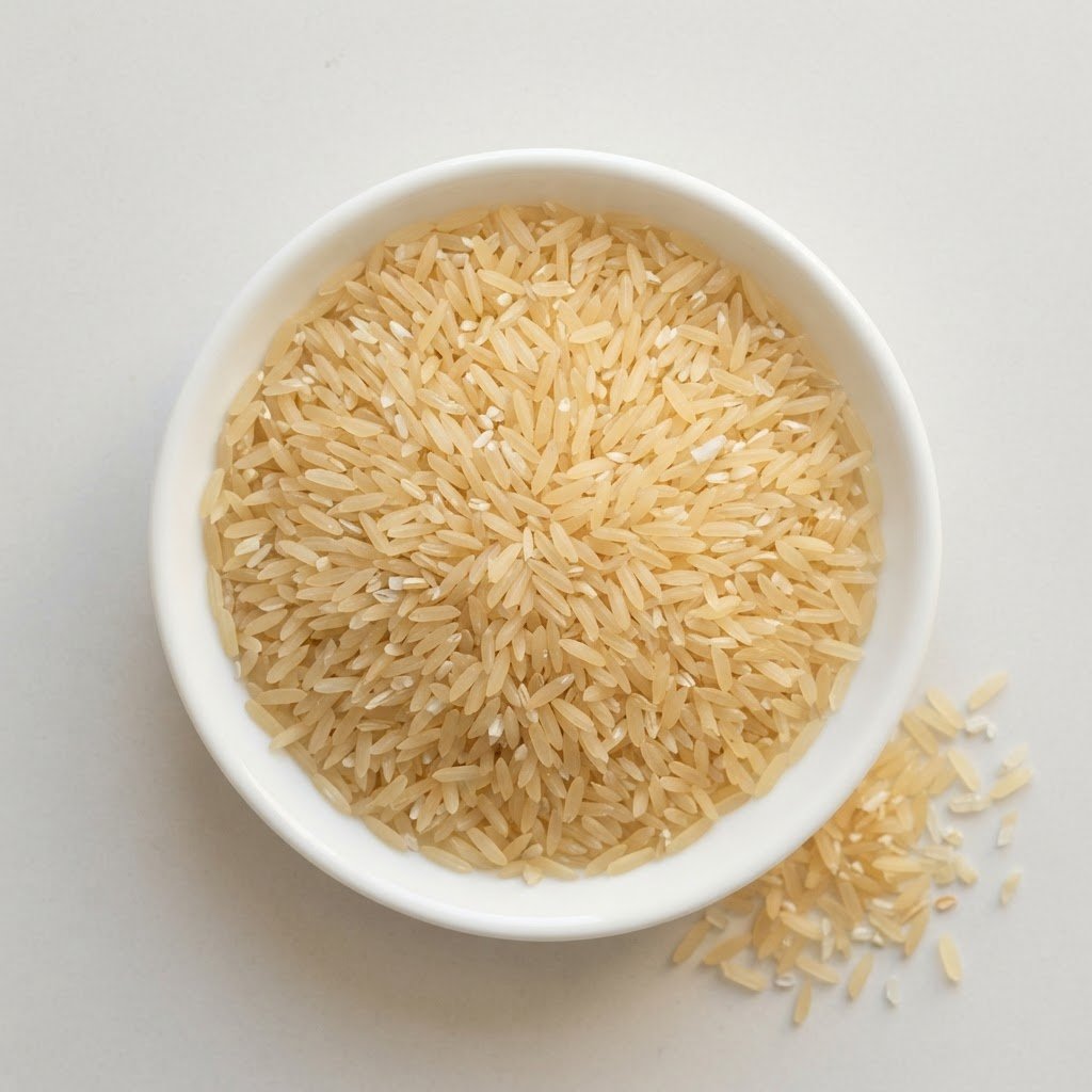Pakistani parboiled long grain rice at 10% broken in a white dish