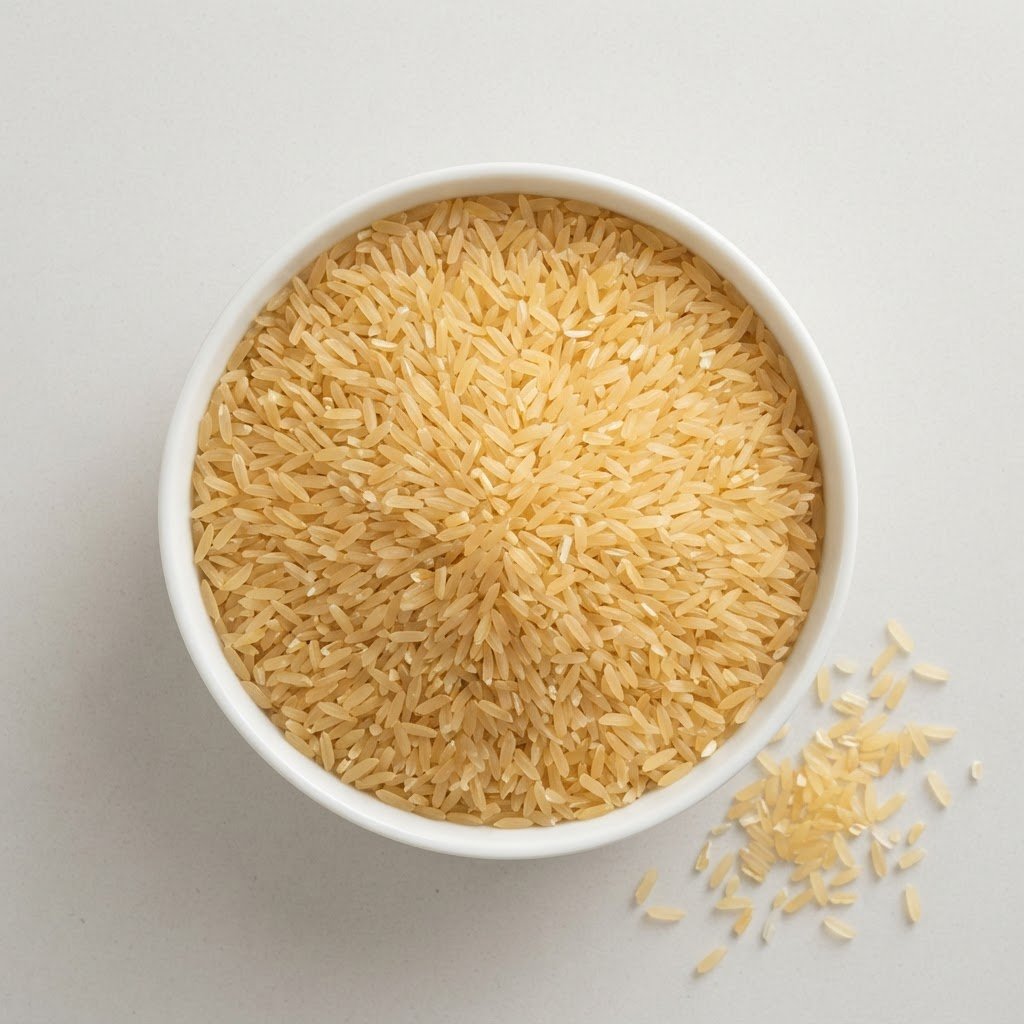 Pakistani parboiled long grain rice at 15% broken in a white dish