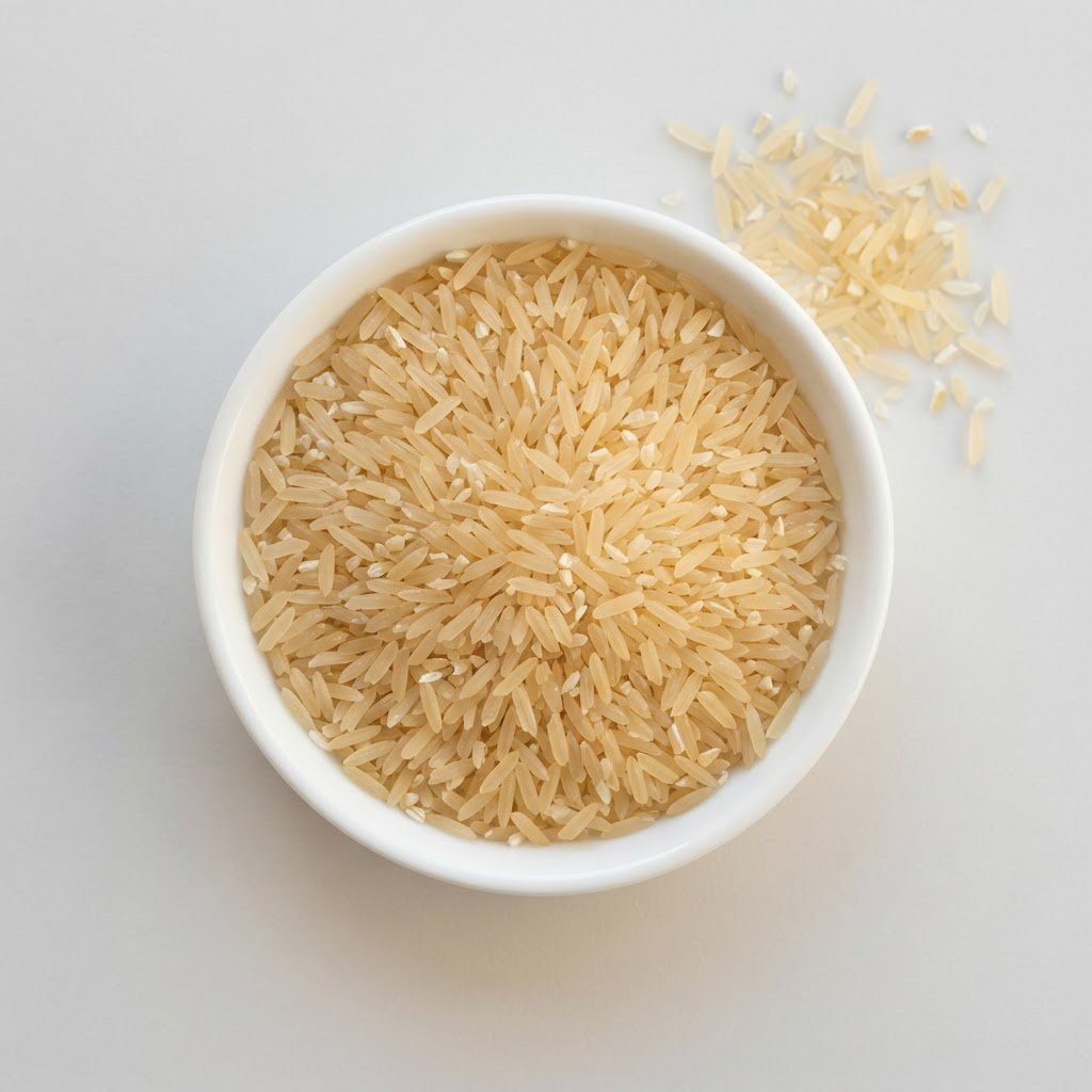 Pakistani parboiled long grain rice at 25% broken in a white dish