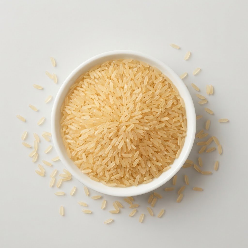 Pakistani parboiled long grain rice at 5% broken in a white dish