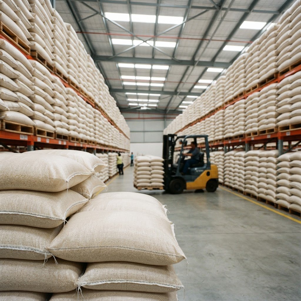 Parboiled long grain rice in 40kg and 50kg bulk sacks on pallets