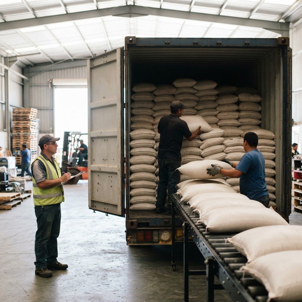 Parboiled long grain rice sacks being loaded into a shipping container