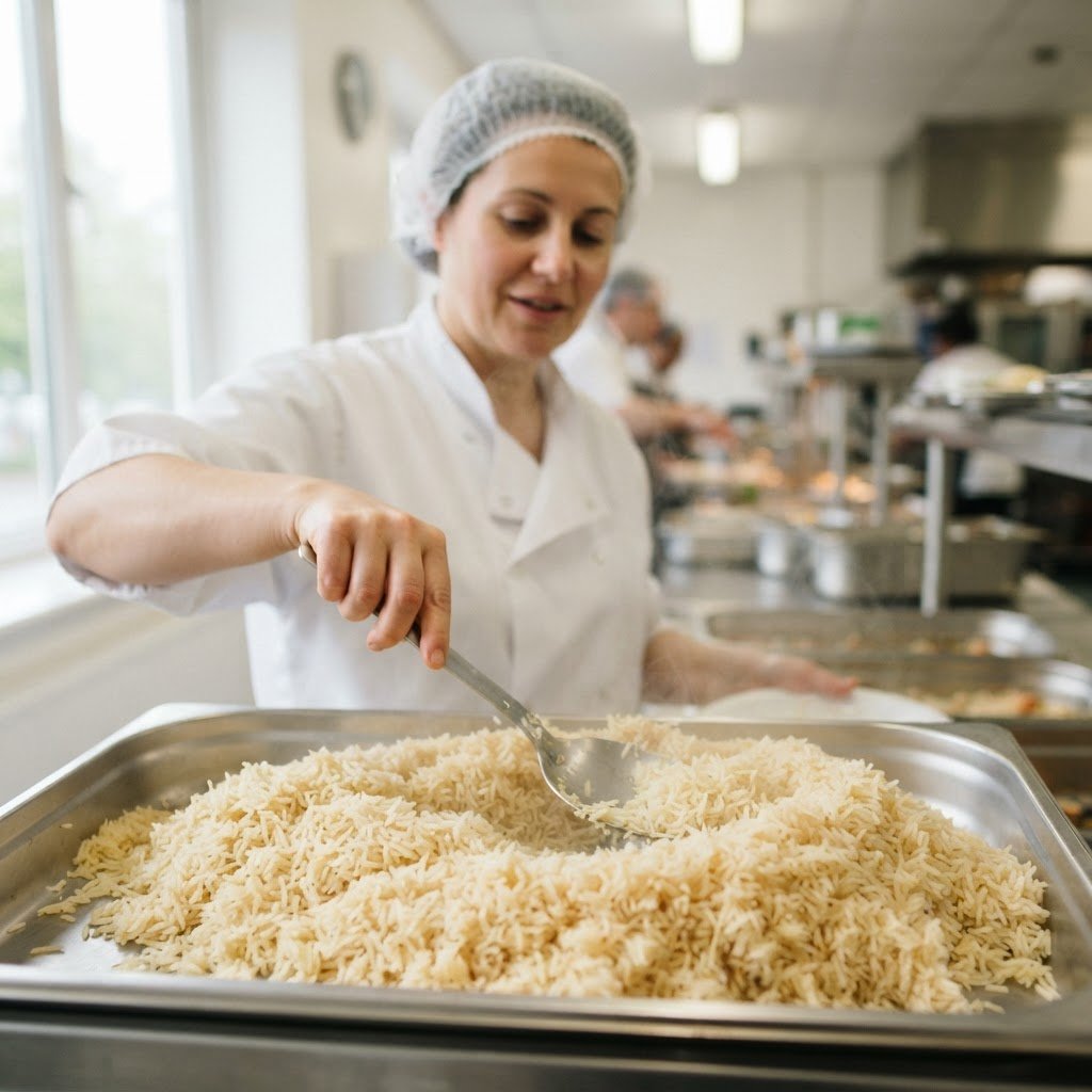 Cooked Pakistani parboiled long grain rice held warm in a catering service tray