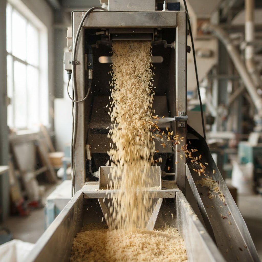 Optical colour sorter removing discoloured grains from parboiled long grain rice