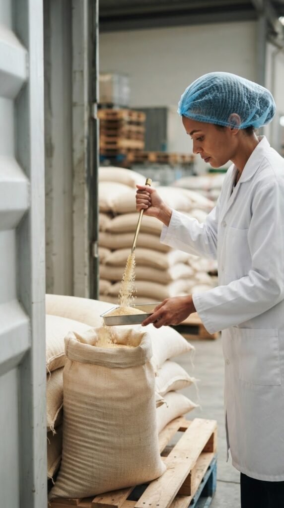 Pre-shipment inspection of parboiled long grain rice before loading