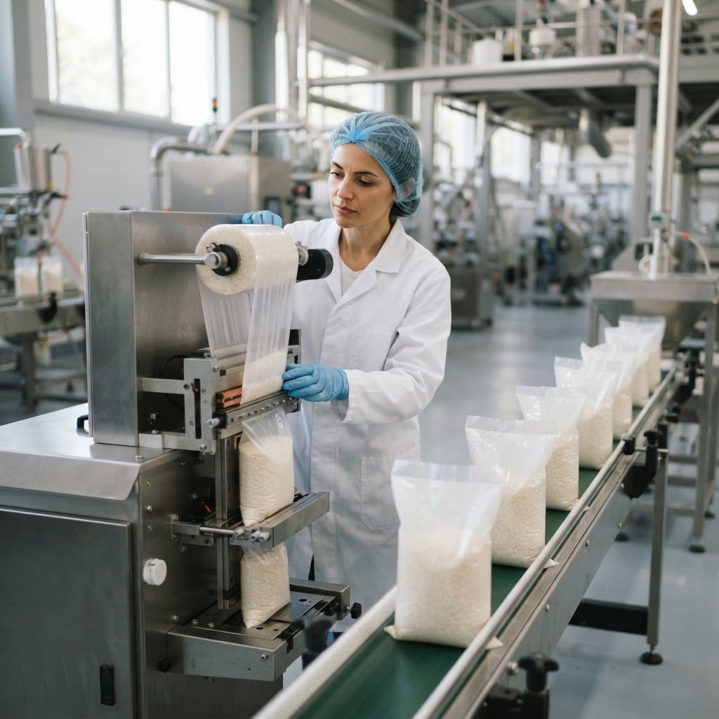 Private label parboiled long grain rice bags on a packing line
