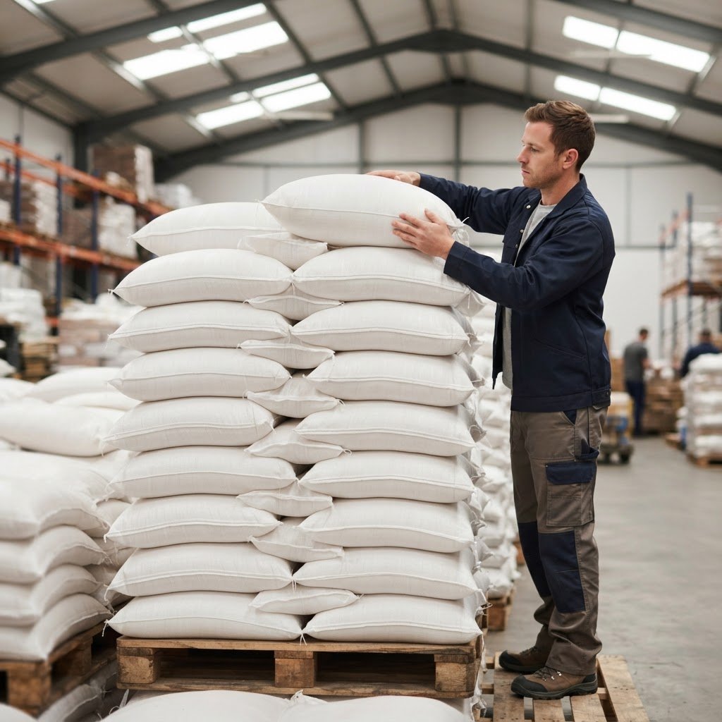 Parboiled long grain rice sacks stacked high in a store without splitting