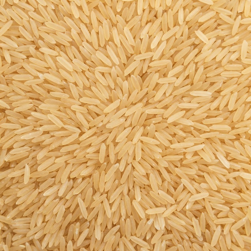 Pakistani parboiled long grain rice grains showing the pale golden sella colour