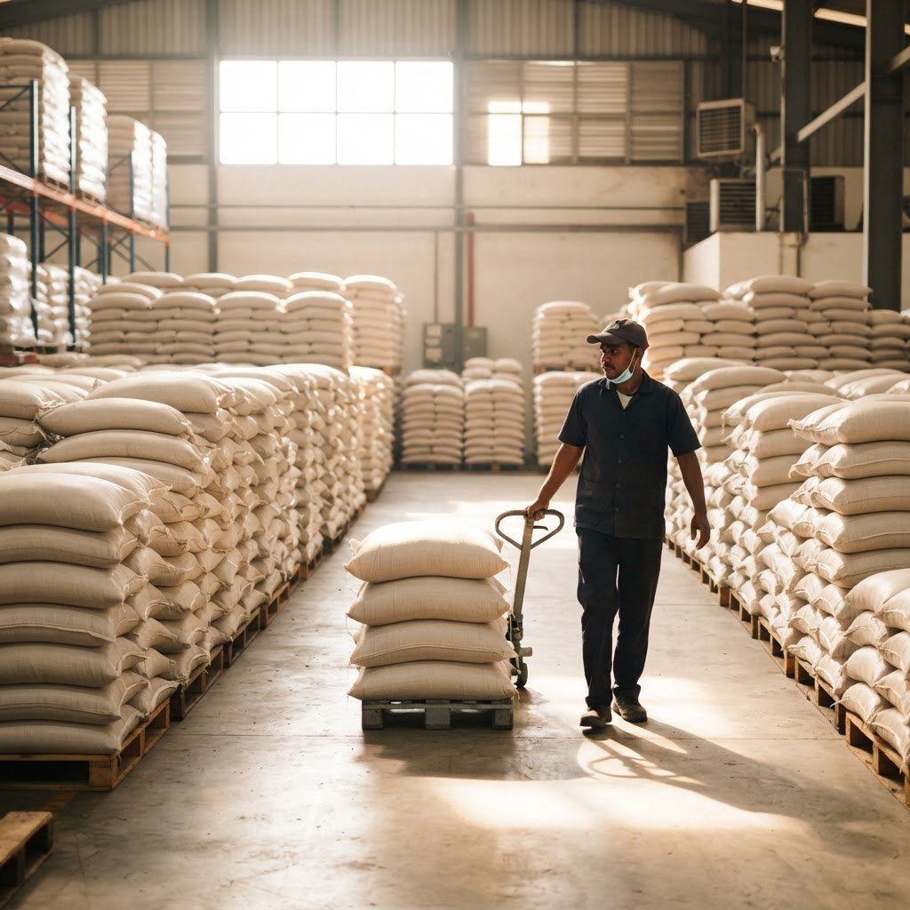 Parboiled long grain rice stored in a warm warehouse without going stale