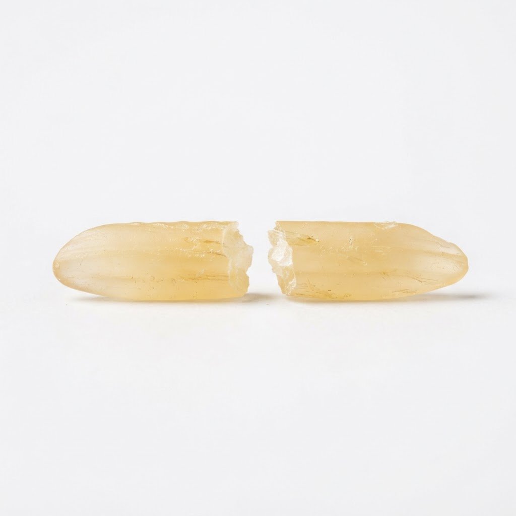 A parboiled rice grain snapped cleanly in two with both halves showing